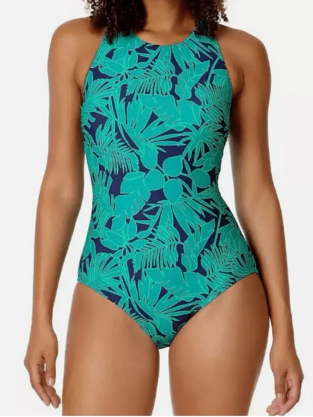 Lands' End Teal and Navy Tropical Leaf One-Piece Swimsuit size XL